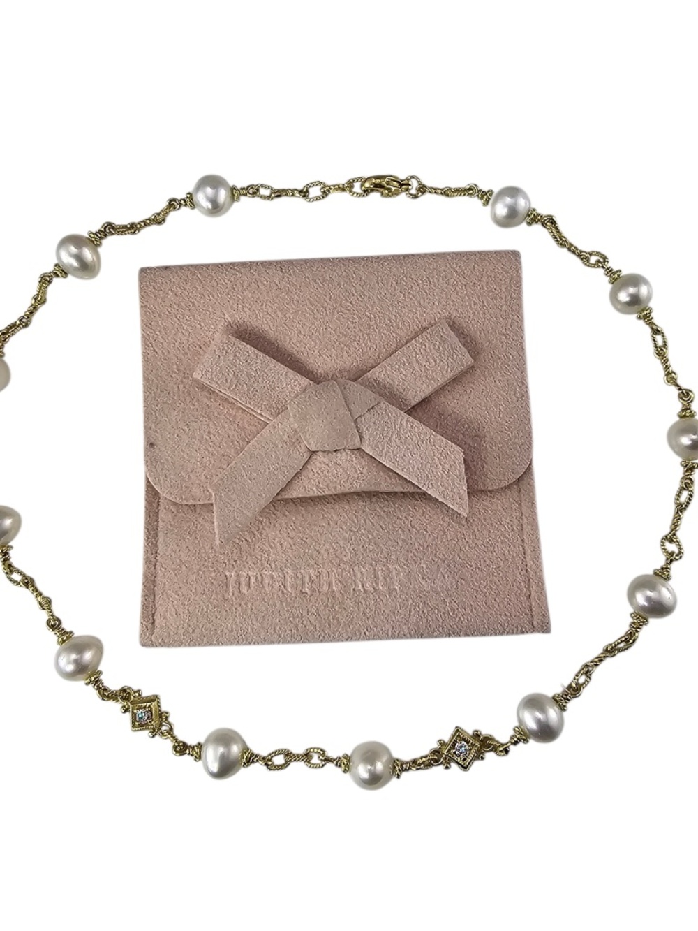 Judith Ripka 18K Yellow Gold Pearl Diamond Station Necklace w/Pouch 16" #24617